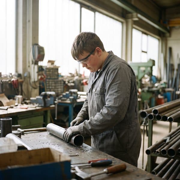 Lehrling entgratet ein Stahlrohr in der Werkstatt
