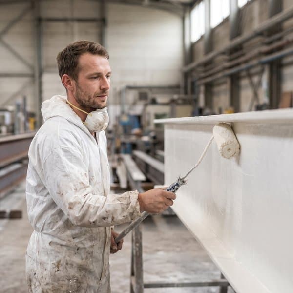 Arbeiter trägt eine Brandschutzbeschichtung auf einen Stahlträger auf