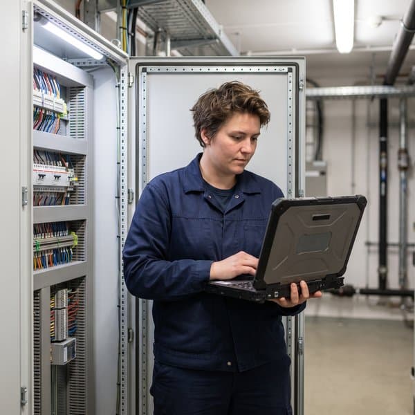 Technikerin für Gebäudeautomation prüft einen Schaltschrank am Laptop