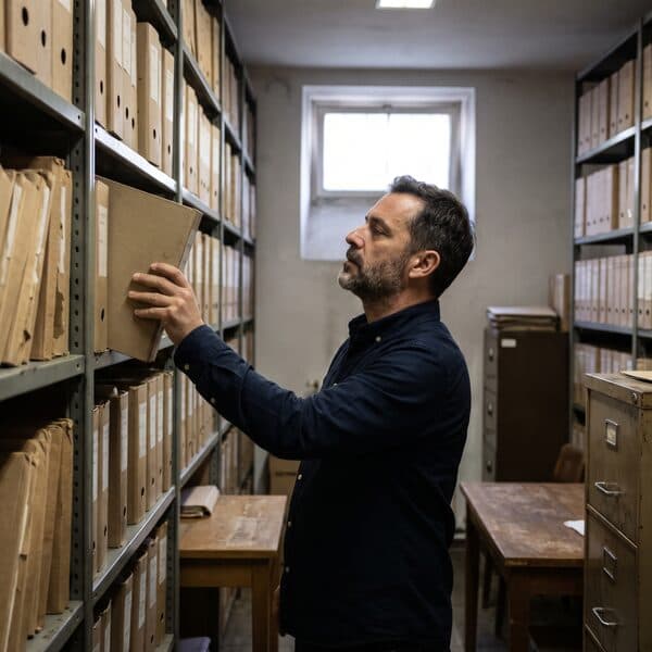 Verwaltungsmitarbeiter holt einen Ordner aus dem Archiv