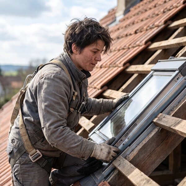 Dachdeckerin setzt ein Dachfenster zwischen die Sparren