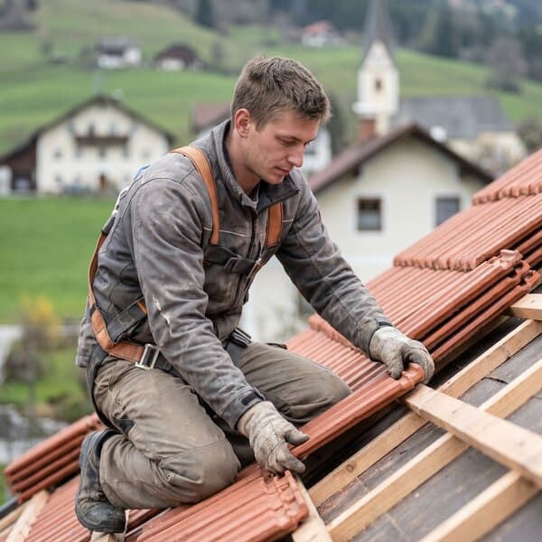 Dachdecker verlegt Tondachziegel auf einem Einfamilienhaus