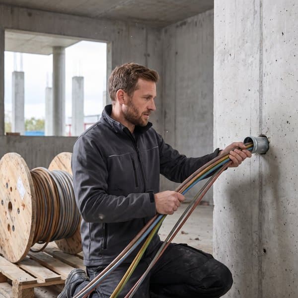 Elektriker zieht Leitungen im Rohbau ein