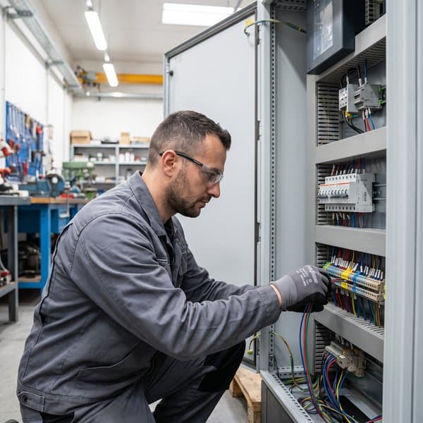 Schaltschrankbauer verdrahtet Module in einem Schaltschrank