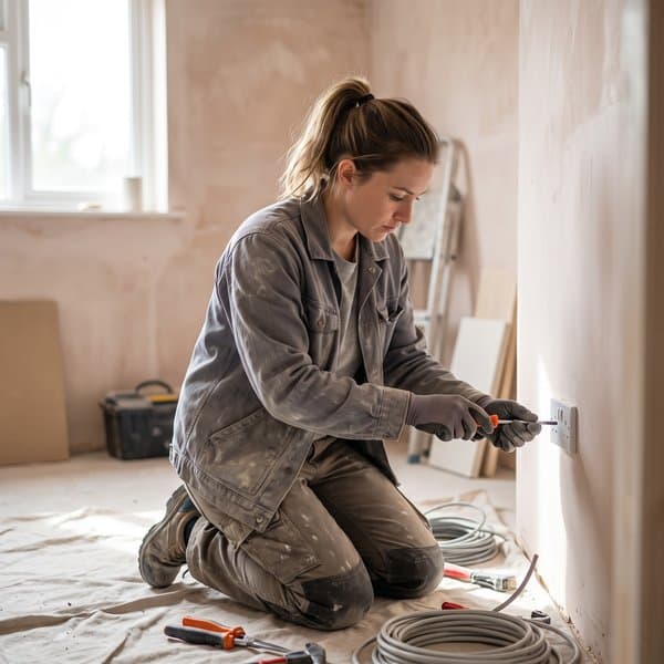 Elektrikerin montiert eine Steckdose in einer sanierten Wohnung