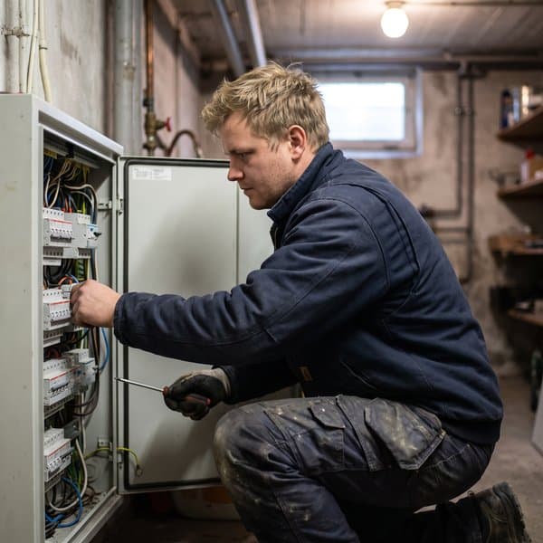 Elektriker verdrahtet Leitungsschutzschalter im Verteiler