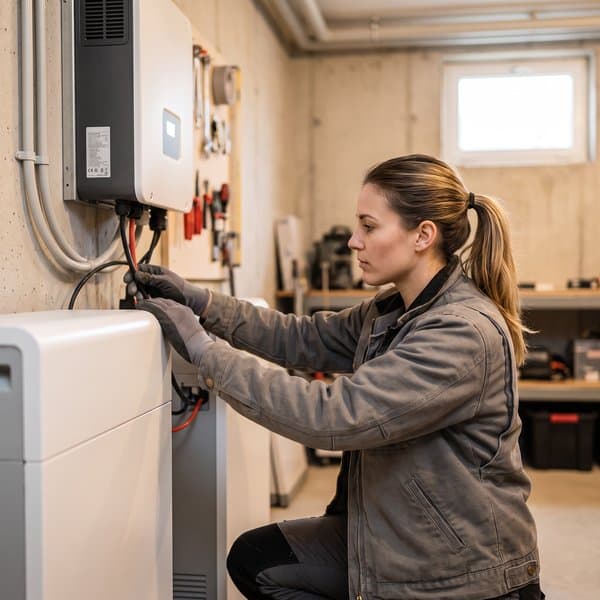 Elektrikerin schließt einen Stromspeicher im Technikraum an