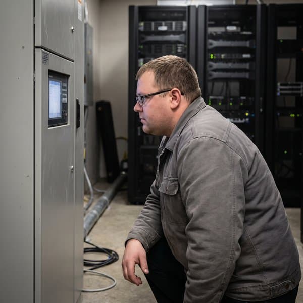 Servicetechniker prüft die Anzeige einer USV-Anlage