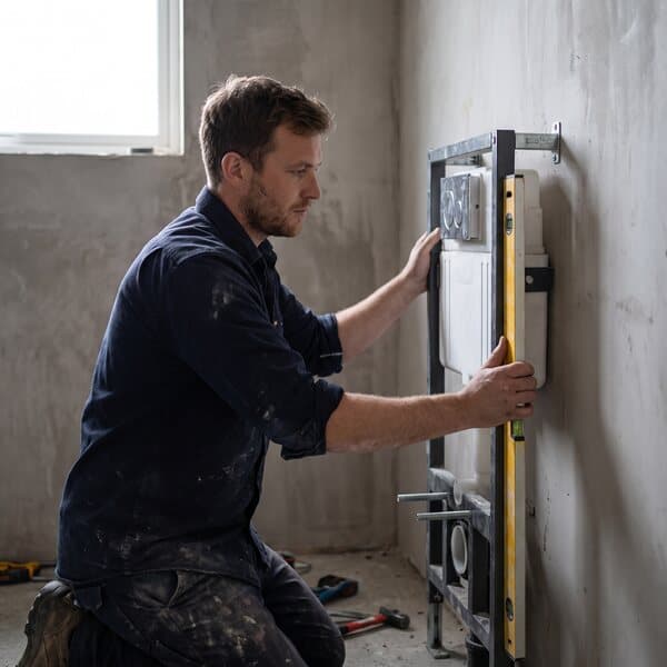 Sanitärinstallateur richtet ein Vorwandelement mit der Wasserwaage aus