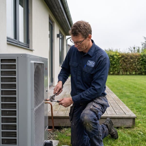 Installateur schließt eine Wärmepumpe am Einfamilienhaus an