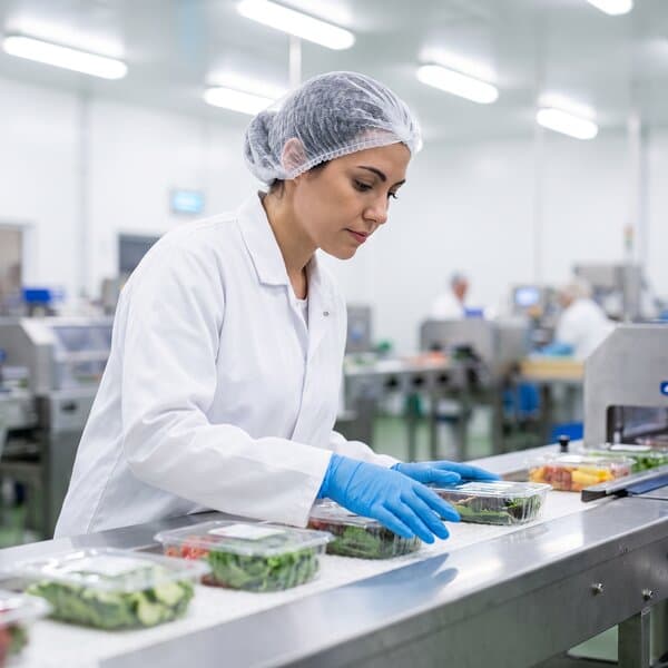 Mitarbeiterin in der Lebensmittelproduktion prüft verpackte Ware am Förderband