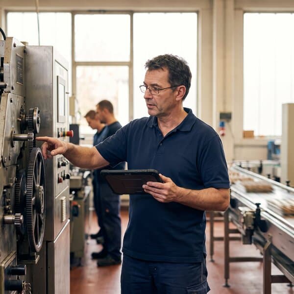 Schichtleiter mit Tablet an einer Maschine in der Produktionshalle