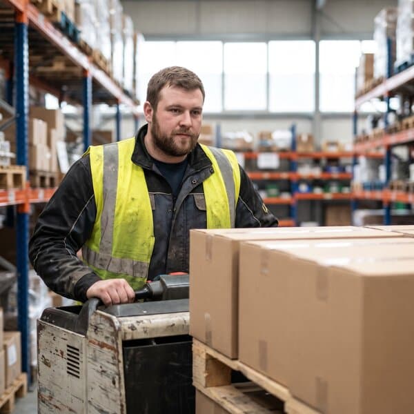 Staplerfahrer bringt eine Palette durch die Produktionshalle