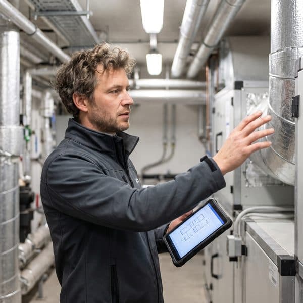 Haustechnikplaner gleicht in der Technikzentrale die Lüftungsgeräte mit dem Plan ab