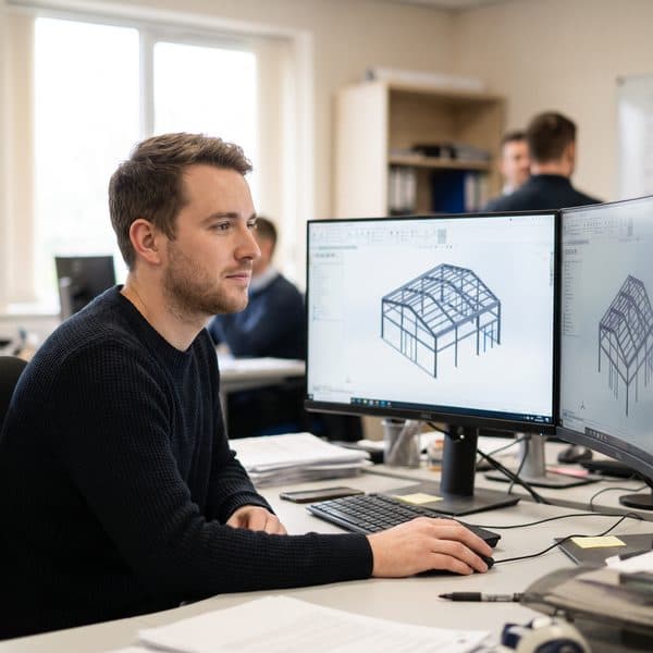 CAD-Konstrukteur arbeitet an zwei Bildschirmen an einem 3D-Modell