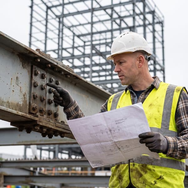 Statiker prüft auf der Baustelle einen Stahlträger-Anschluss mit dem Detailplan