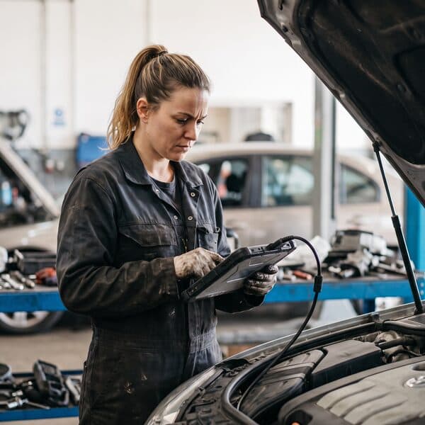 Kfz-Mechatronikerin liest mit einem Diagnosegerät die Fehler eines Autos aus
