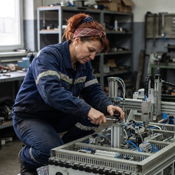 Mechatronikerin stellt einen Pneumatikzylinder an einem Maschinenmodul ein