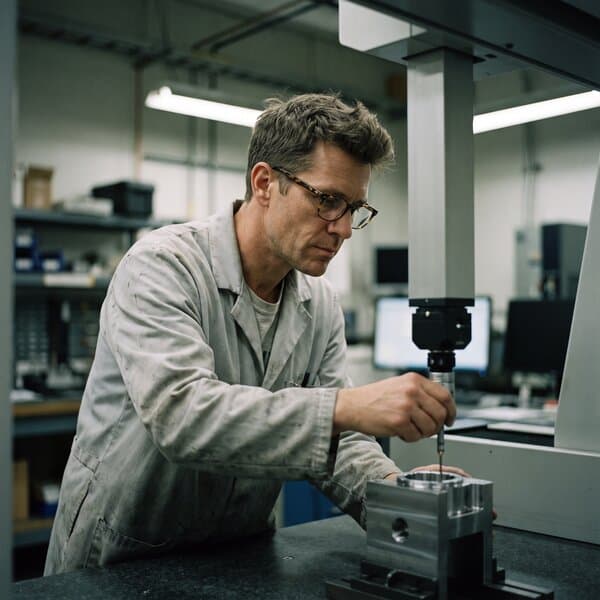 Qualitätstechniker prüft ein Präzisionsteil an der Messmaschine