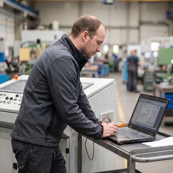 Servicetechniker prüft beim Kunden eine Maschine mit dem Laptop
