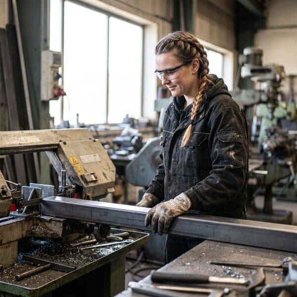 Metallbauerin schneidet ein Stahlprofil an der Bandsäge