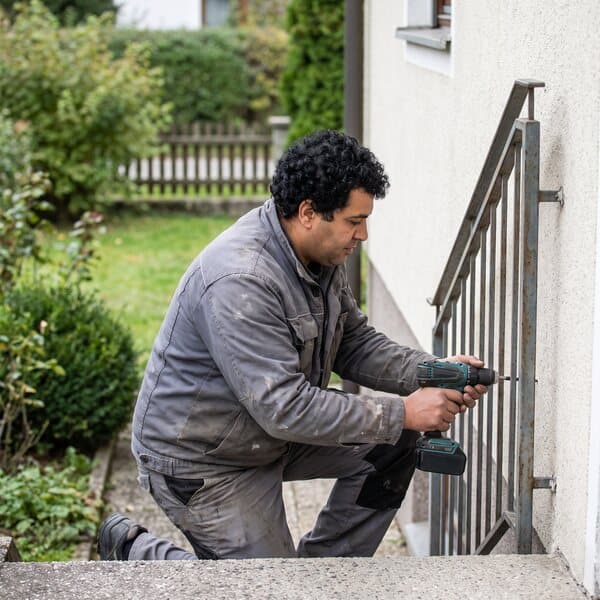 Schlosser montiert ein Stiegengeländer an einem Einfamilienhaus