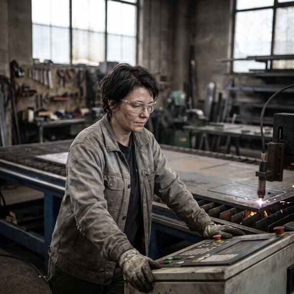 Metallbauerin bedient eine Plasmaschneidanlage