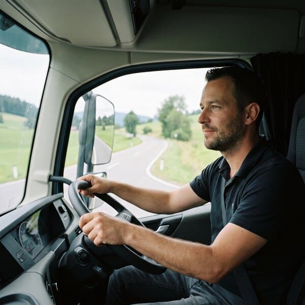 Lkw-Lenker am Steuer auf einer Landstraße