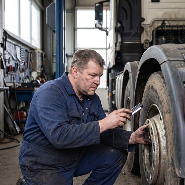 Lkw-Mechaniker prüft in der Werkstatt ein Rad