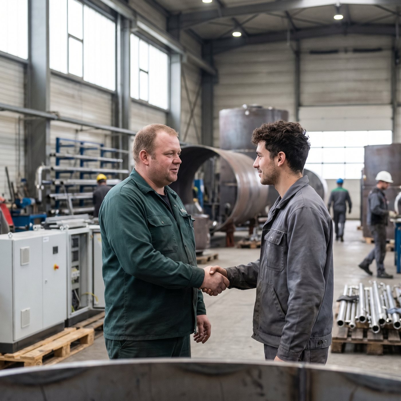 Inhaber eines Anlagenbau-Betriebs gibt einem neuen Techniker in der Fertigungshalle zwischen Schaltschränken und Rohren die Hand