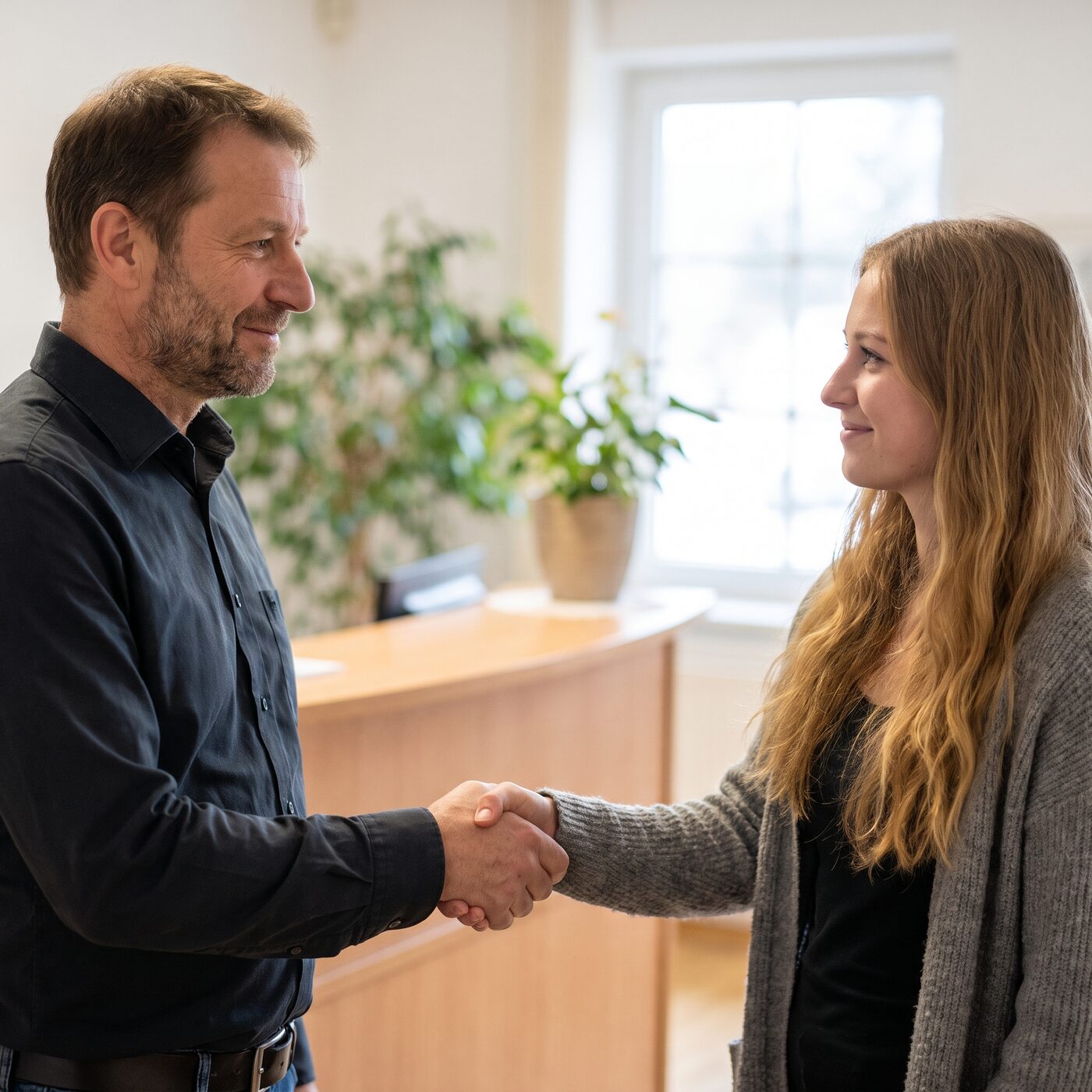 Geschäftsführer gibt einer neuen Mitarbeiterin im Büro die Hand