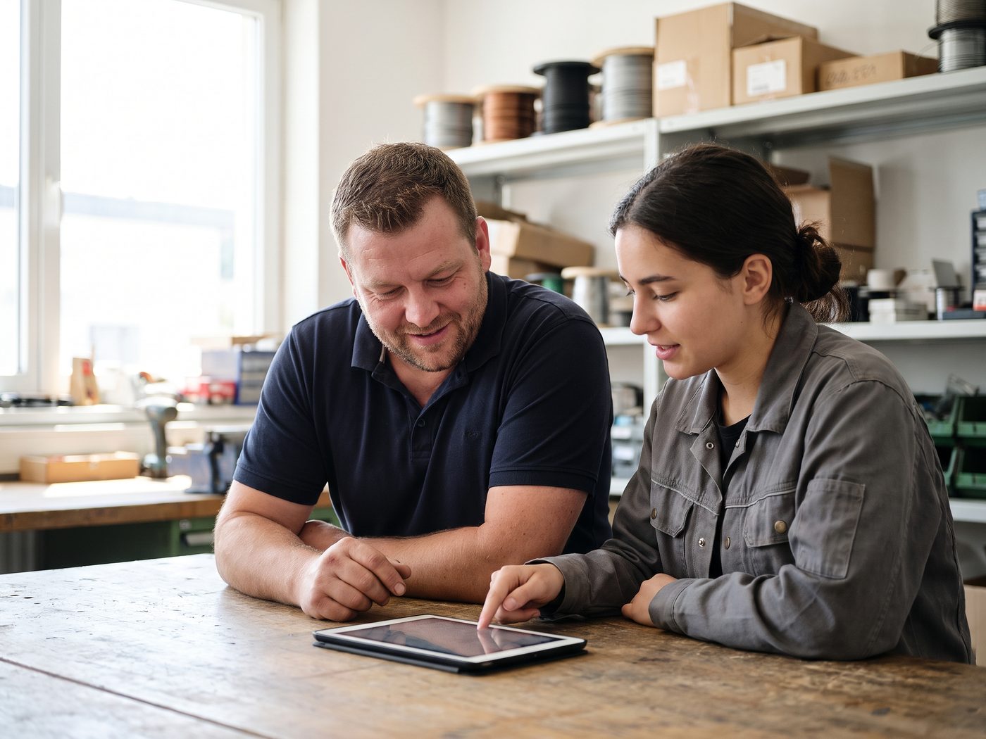 Inhaber eines Elektrobetriebs und eine Elektrikerin schauen in der Werkstatt gemeinsam auf ein Tablet