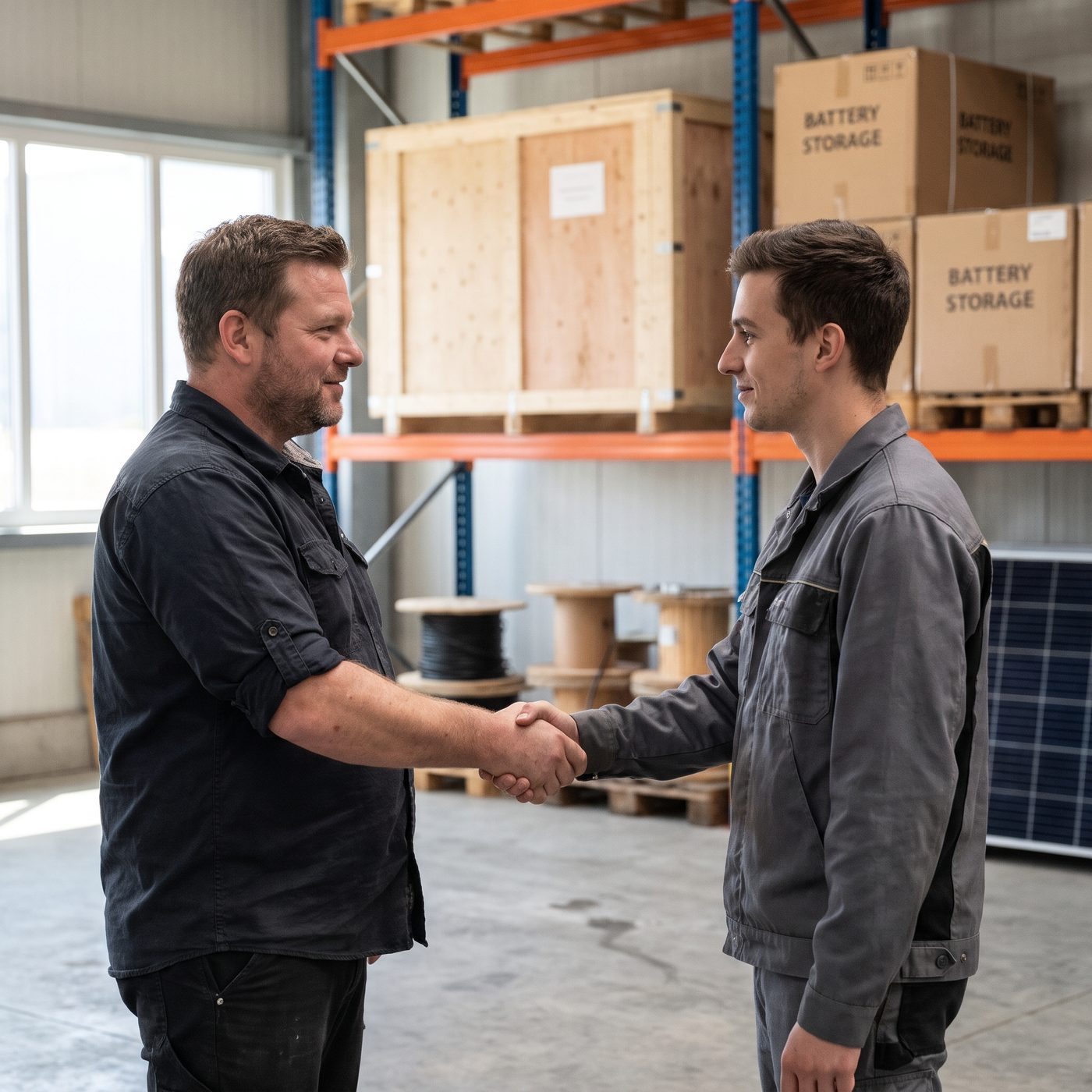 Inhaber eines Betriebs für Energietechnik gibt einem neuen Elektriker im Lager mit Solarmodulen die Hand