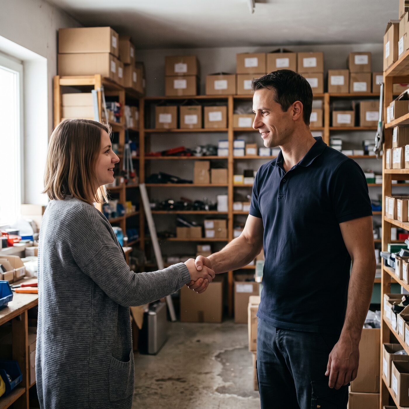 Inhaber eines Handelsbetriebs gibt einer neuen Mitarbeiterin im Lager die Hand