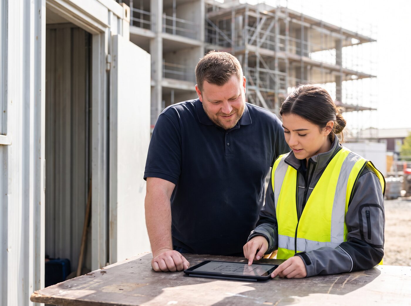 Inhaber eines Baubetriebs und eine Bautechnikerin schauen auf der Baustelle gemeinsam auf ein Tablet