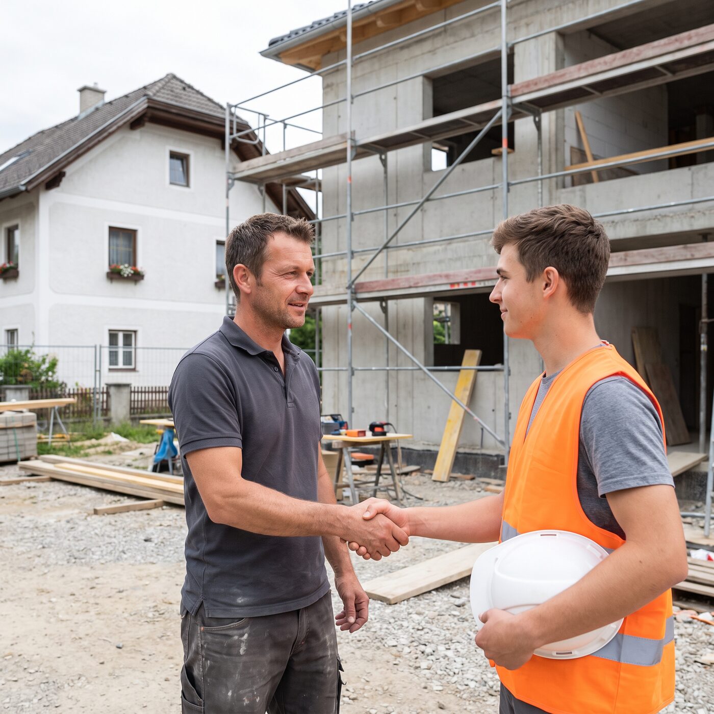 Inhaber eines Baubetriebs gibt einem neuen Mitarbeiter am Bauhof vor Schalungstafeln und einem Minibagger die Hand