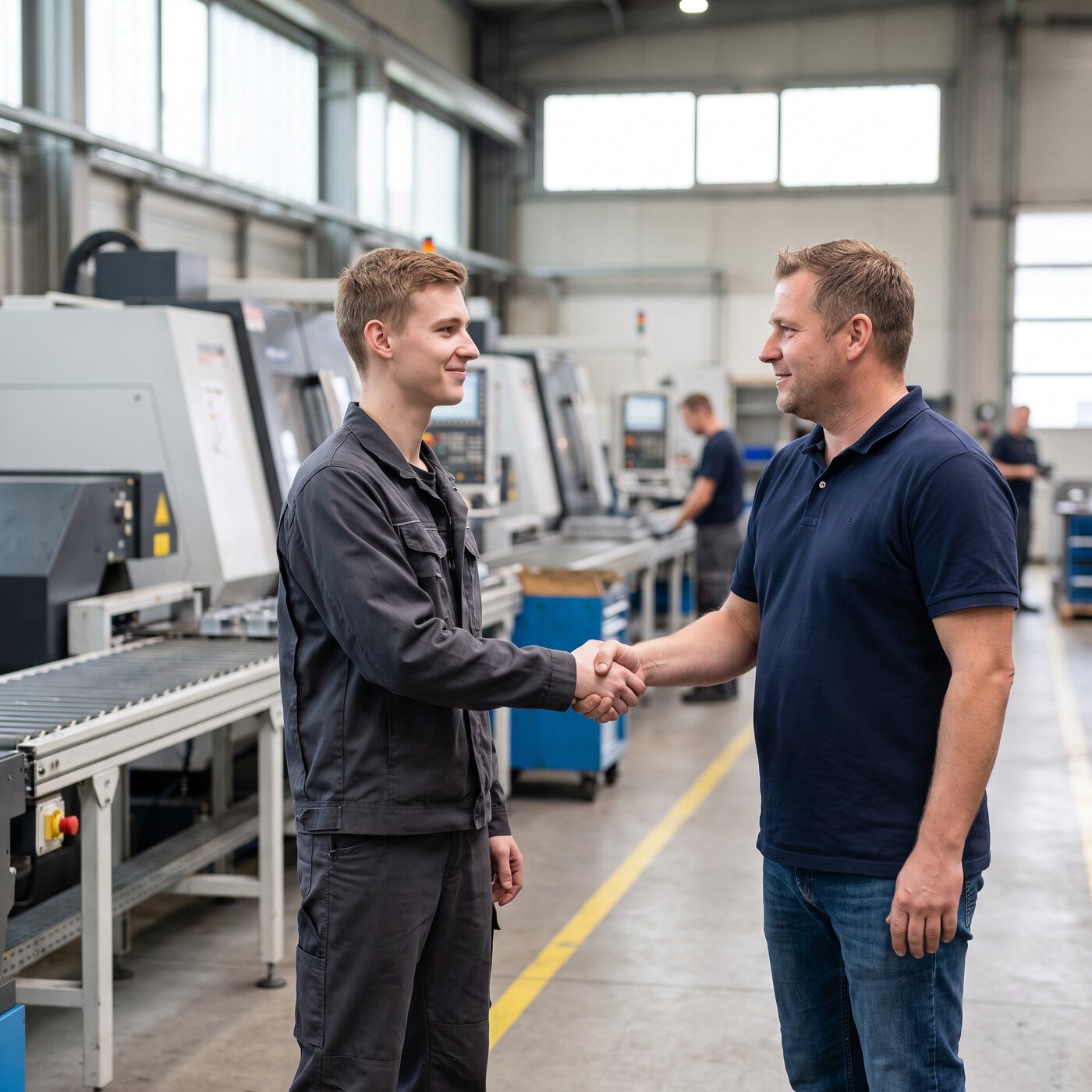 Inhaber eines Produktionsbetriebs gibt einem neuen Produktionsmitarbeiter in der Fertigungshalle die Hand
