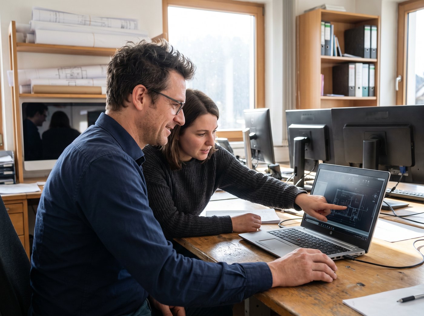 Inhaber eines Ingenieurbüros und eine Ingenieurin schauen im Büro gemeinsam auf eine technische Zeichnung am Laptop