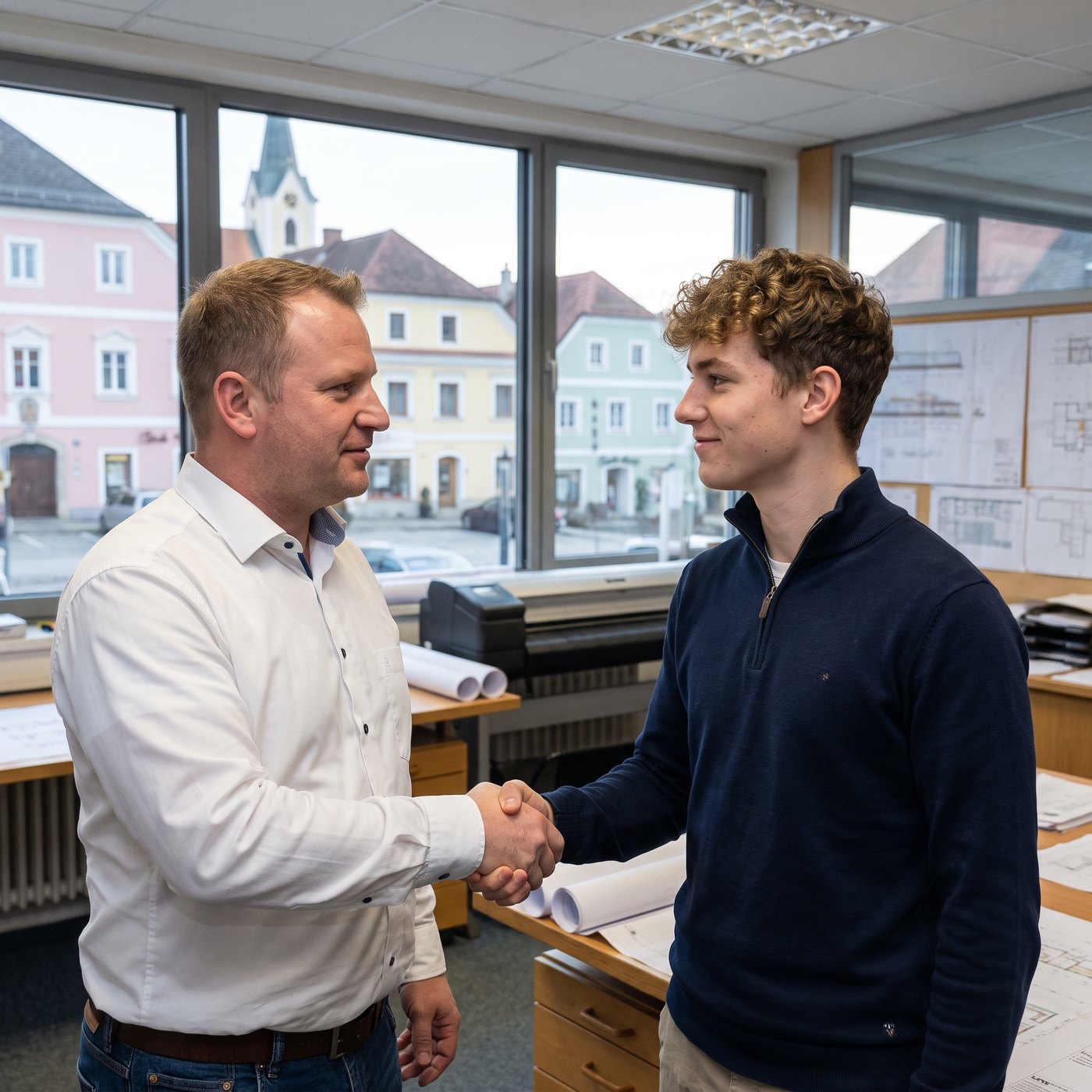 Inhaber eines Ingenieurbüros gibt einem neuen Konstrukteur im Planungsbüro die Hand, durchs Fenster sieht man den Ortsplatz