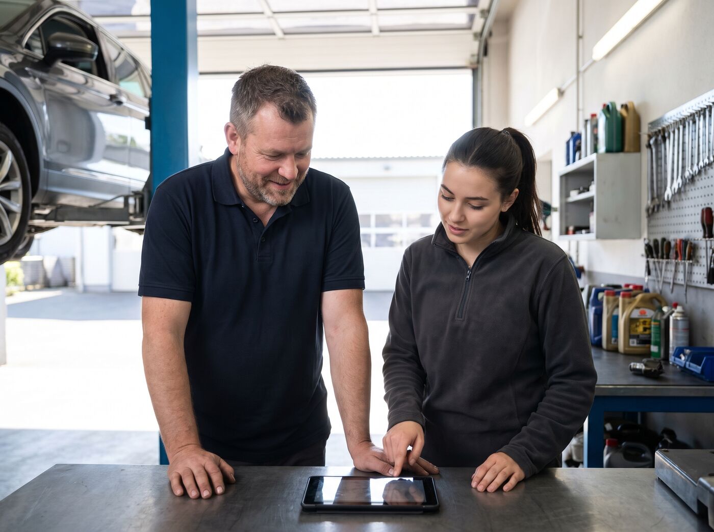 Inhaber einer Kfz-Werkstatt und eine Mitarbeiterin schauen in der Werkstatt gemeinsam auf ein Tablet