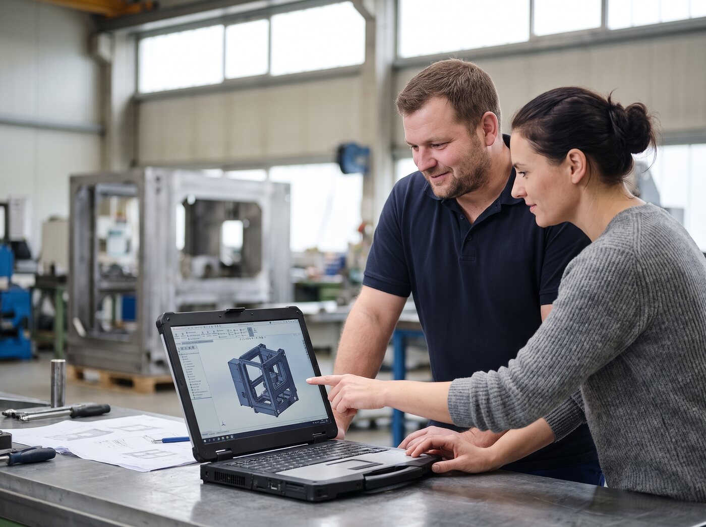 Inhaber eines Maschinenbaubetriebs und eine Konstrukteurin schauen in der Montagehalle gemeinsam auf ein 3D-Modell am Laptop