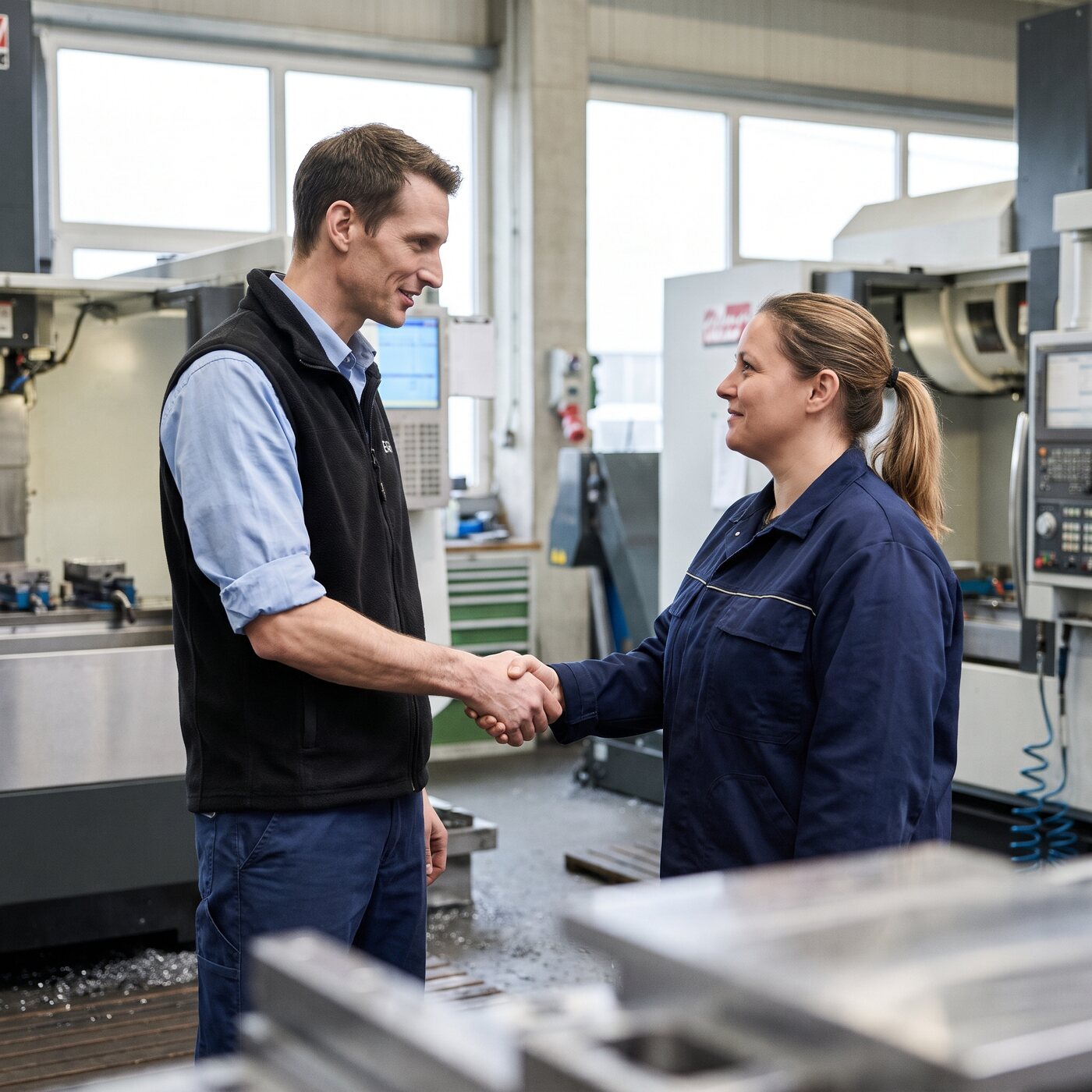 Inhaber eines Maschinenbaubetriebs gibt einer neuen CNC-Fachkraft in der Fertigungshalle die Hand
