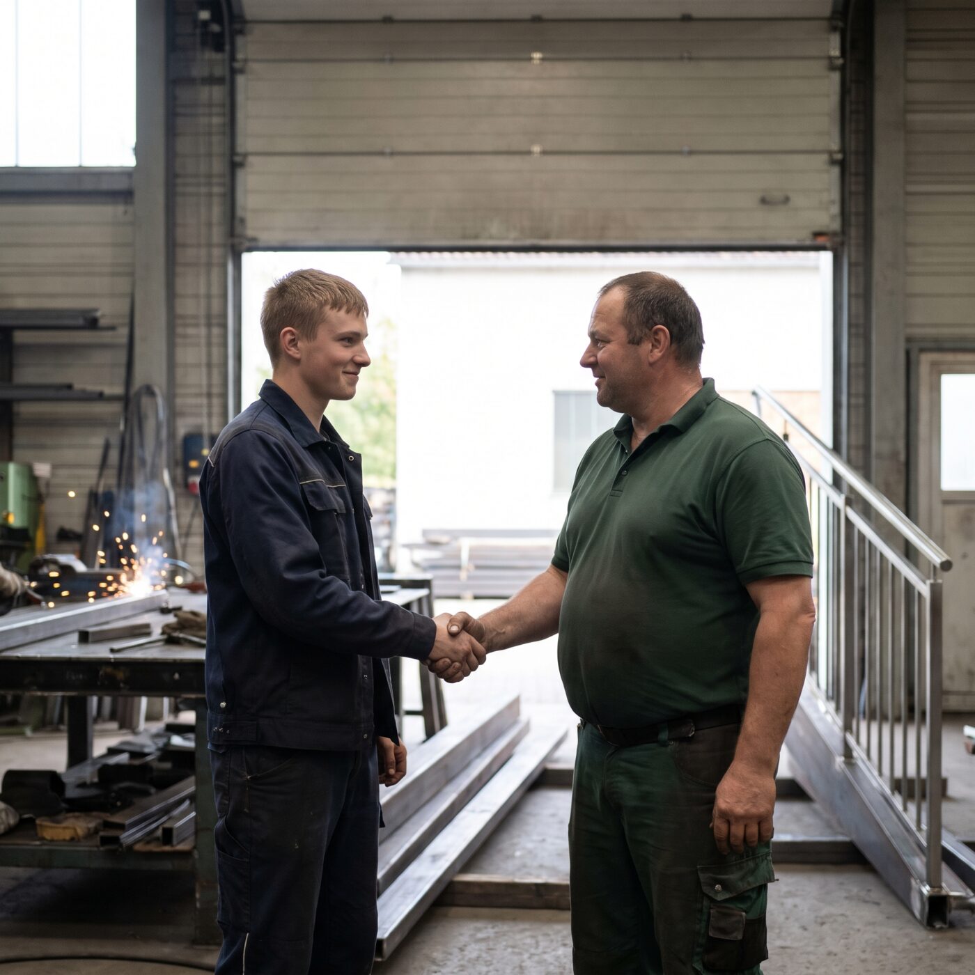 Inhaber einer Schlosserei gibt einem neuen Metallbauer in der Werkstatt die Hand