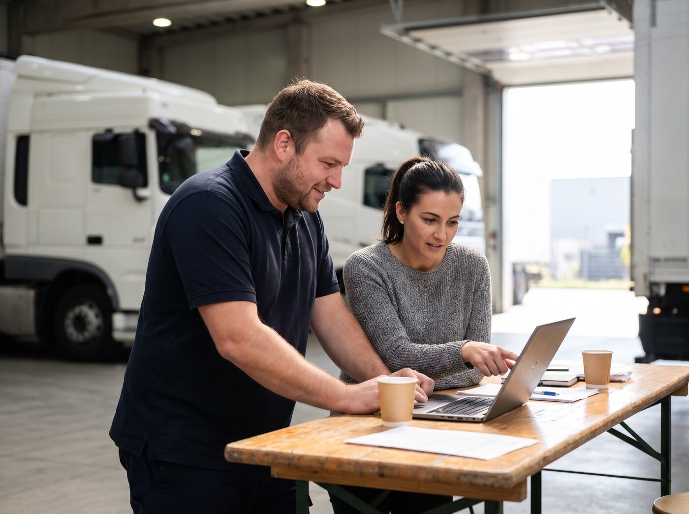 Inhaber eines Transportbetriebs und eine Disponentin schauen in der Lkw-Halle gemeinsam auf einen Laptop