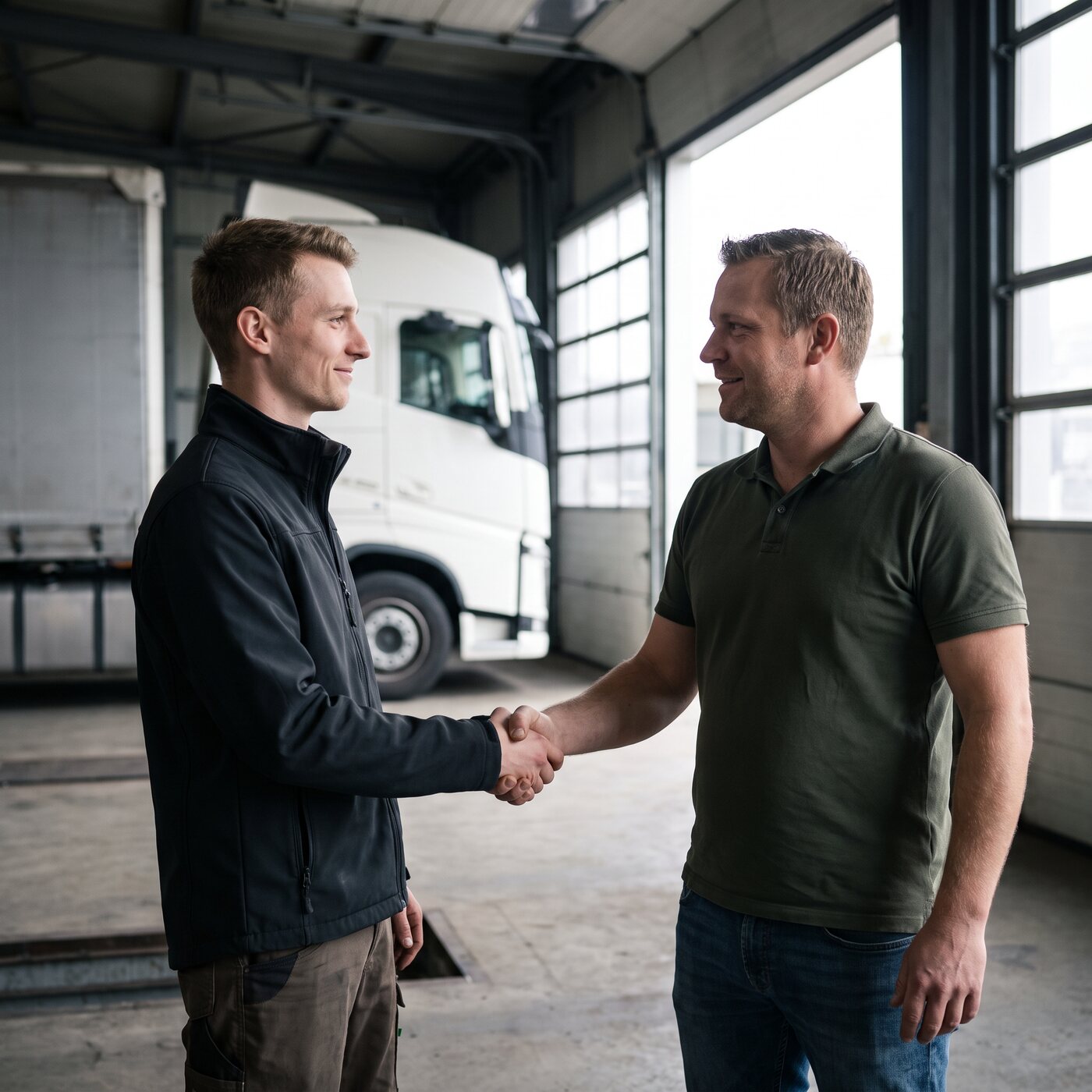 Inhaber eines Transportbetriebs gibt einem neuen Lkw-Lenker in der Lkw-Halle die Hand